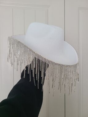 White Rhinestone Fringe Cowgirl Hat